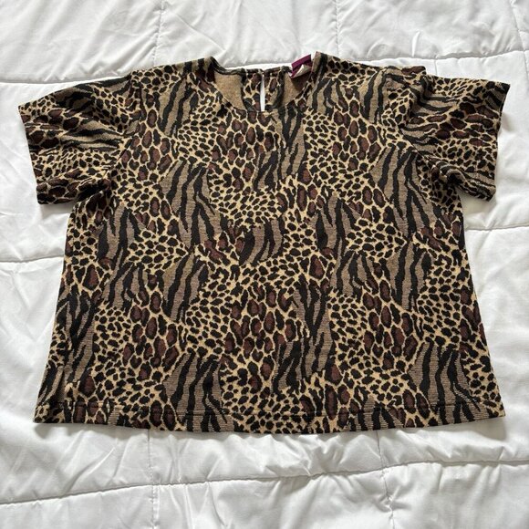 Vintage 80s 90s Animal Print Boho T Shirt Blouse Womens XL/2X Brown - Picture 1 of 7